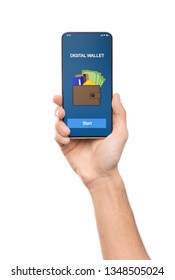 Digital Wallet App On Mobile Phone Screen In Male Phone, Isolated On White Background