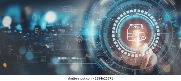 Digital wallet, E wallet or cashless technology concept.  Online payment tools, in the form of an app. Mobile banking, online finance, e-commerce banner. Digital economy used for web and mobile.