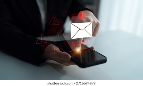 Digital warning mail interface highlights email threat detection, security monitoring, and proactive prevention of phishing and malware intrusions. Parse