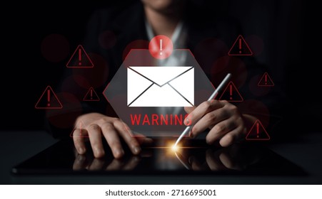 Digital warning mail interface highlights email threat detection, security monitoring, and proactive prevention of phishing and malware intrusions. Parse