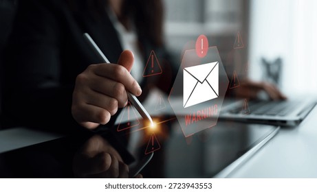 Digital warning mail interface highlights email threat detection, security monitoring, and proactive prevention of phishing and malware intrusions. Parse