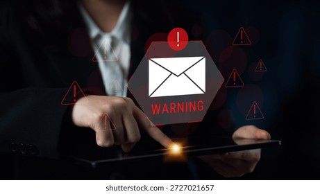 Digital warning mail interface highlights email threat detection, security monitoring, and proactive prevention of phishing and malware intrusions. Parse