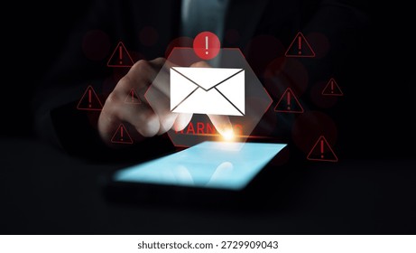 Digital warning mail interface highlights email threat detection, security monitoring, and proactive prevention of phishing and malware intrusions. Parse