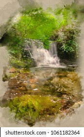 Digital Watercolor Painting Of Lush Green Forest Scene With Waterfall Flowing Through And Over Rocks Covered In Lichen And Moss