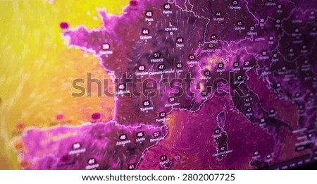 A digital weather forecast map displaying an extreme heatwave across Europe, with record-breaking high temperatures indicating severe climate change and global warming impacts.