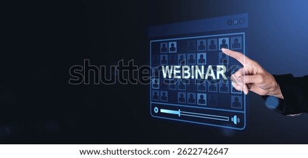 A digital webinar interface with a hand interacting, futuristic style, dark gradient background, concept of online education and e-learning