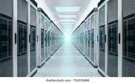 Digital White Earth Network Flying Over Server Room Data Center 3D Rendering