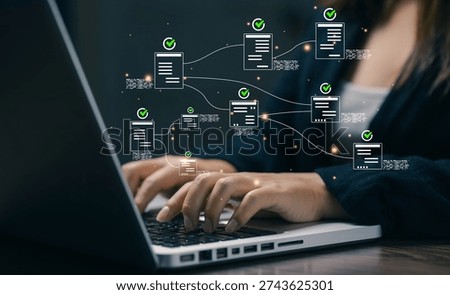 Digital workflow automation with verified document approval system, representing business process optimization, online collaboration, and secure enterprise management technology.