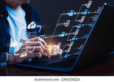 Digital workflow, Man's hands utilize a laptop computer to access a cloud-based document management system, virtual screen displays files and folders, showcasing the convenience and accessibility