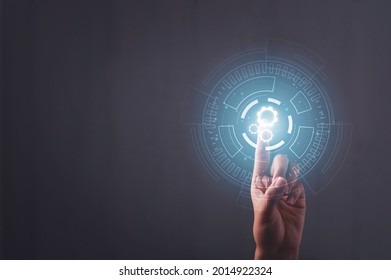 Digital workflow, Digital transformation, Automatic technology concept. Businessman touching digital machine gears  icons in cyber circle.