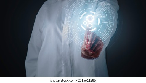 Digital workflow, Digital transformation, Automatic technology concept. Businessman touching digital machine gears  icons in cyber circle.