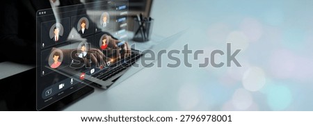 Digital workspace with modern technology showcasing virtual meeting interface and laptop in a professional environment emphasizing connectivity and collaboration