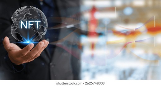 Digital world blockchain technology virtual touch screen of businessman digital technology concept