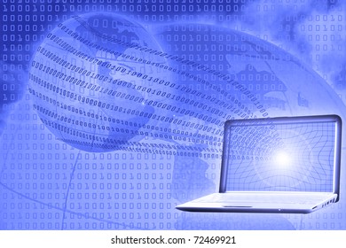 digital world concept: binary code floating from laptop to globe