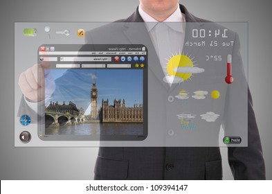 Digital World Concept Graphic, Presentation Made By Businessman On Touch User Interface