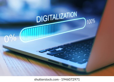 Digital world concept with hologram digitalization word and loading bar element icon on laptop keyboard background. Double exposure