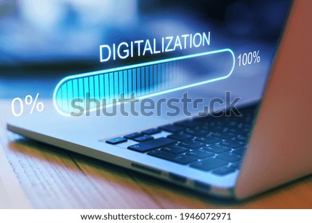 Digital world concept with hologram digitalization word and loading bar element icon on laptop keyboard background. Double exposure