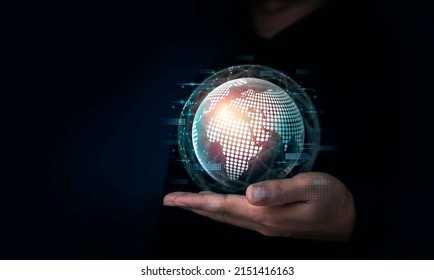 Digital world, global data network in human's hand on dark background with copy space. International connection with futuristic virtual big data, financial analysis, social network databases concept