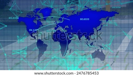 Digital world map with data points and connecting lines. Abstract background with grid and network patterns, creating a sense of interconnectedness and global reach