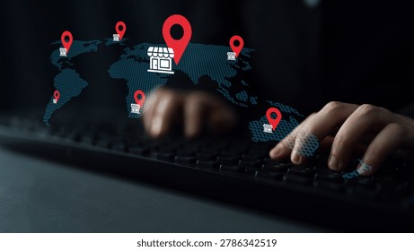 A digital world map featuring location markers illustrating the concept of online shopping and e-commerce, emphasizing technology and global connectivity in business. Gantry