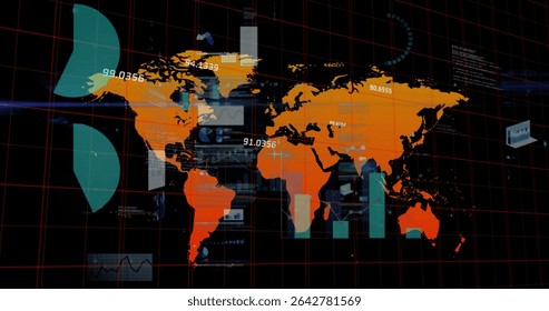 Digital world map graphic floating in virtual interface, with red grid and data visualizations. Data visualization, analytics, technology, futuristic, innovation, dashboard, infographics
