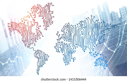 Digital world map and HUD interface over cityscape background. Concept of digital technology and telecommunication. Toned image double exposure