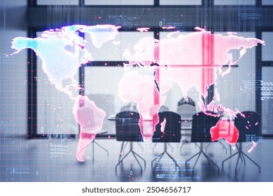 Digital world map overlay with data displayed in a modern office setting. Transparent grid, glass walls, concept of global connectivity