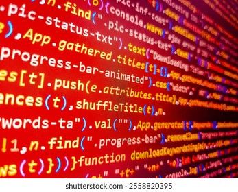 Digital world. Red background with text. Safe investment in stock market crash, concept. Text with nucleobases. Red binary code computer language data transfers. Red binary code. Fragen ?.