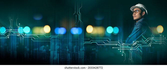 Digital World Smart City, Engineer Working With Digital Technology Security Control Power Energy And Sustainable Resource Environment Technology