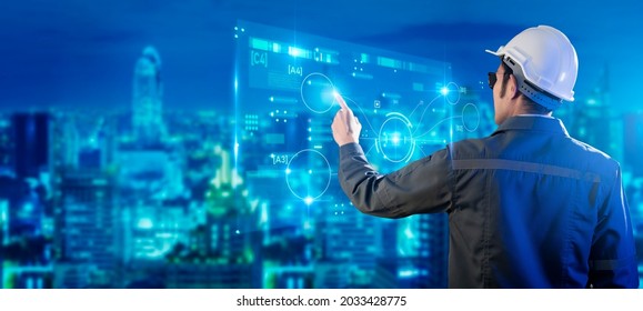 Digital world smart city, engineer working with digital technology security control power energy and sustainable resource environment technology