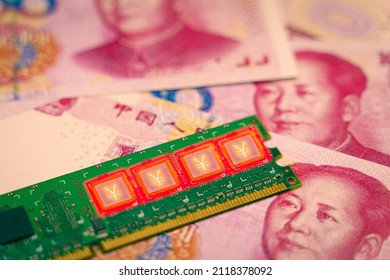 Digital Yuan And In The Center Of A Circuit Board Over A Renminbi Bills