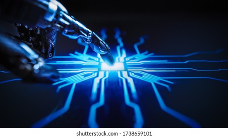 Digitalization Concept: Futuristic Robot Arms, Finger Touches Screen Button And Activates AI System. Visualization Of Machine Learning, AI, Computer Technology, Healthcare And Science