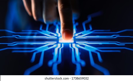 Digitalization Concept: Human Finger Pushes Touch Screen Button and Activates Futuristic Artificial Intelligence. Visualization of Machine Learning, AI, Computer Technology Merge with Humanity