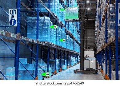 Digitalization, user interface to control processes. Warehouse with virtual screen overlay
