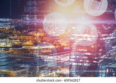 Digitally composite image of technological interface against high angle view of illuminated crowded cityscape