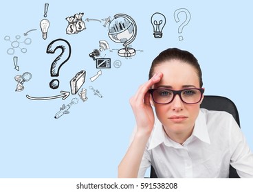 Digitally composite image of tense businesswoman sitting on chair with various graphics icon against blue background - Powered by Shutterstock