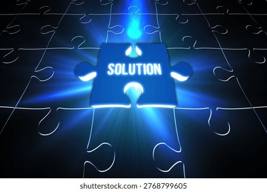 Digitally generated Blue solution glowing jigsaw piece on puzzle