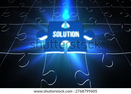 Digitally generated Blue solution glowing jigsaw piece on puzzle