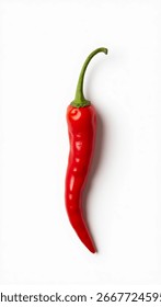 A digitally generated, hyper-realistic image of a single fresh red chili pepper with a glossy surface, green stem, and natural curvature, placed on a clean white background. 