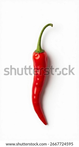 A digitally generated, hyper-realistic image of a single fresh red chili pepper with a glossy surface, green stem, and natural curvature, placed on a clean white background. 