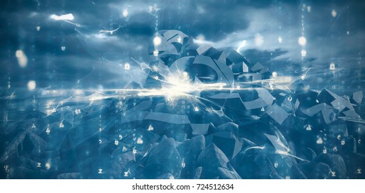 Digitally generated image of abstract pattern against 3d heap of broken pound sign and rocks against cloudy sky