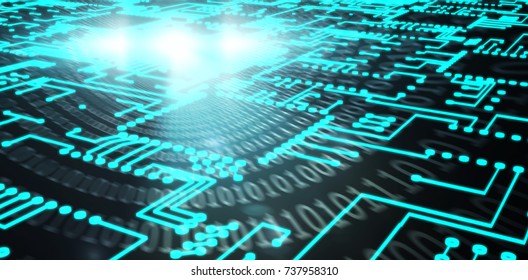 Digitally generated image of blue circuit board against spiral of shiny binary code