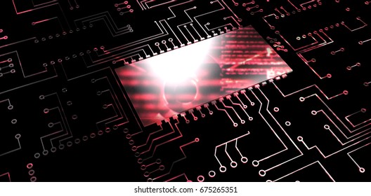 Digitally generated image of circuit board against abstract pink text