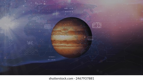 A digitally generated image of data processing over a world map on black background. global data processing and technology concept digitally generated image.