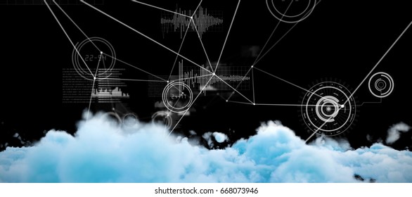 Digitally generated image of fluffy clouds  against various graphs and connectivity points 