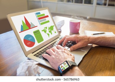 Digitally generated image of graphs and map with text against businessman working with a computer