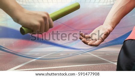 Digitally generated image of hands passing the baton in stadium