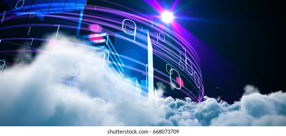 Digitally generated image of storm clouds  against purple light beams over skyscrapers