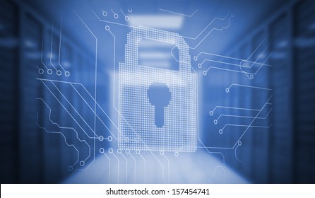 Digitally generated lock on circuit board in blue room
