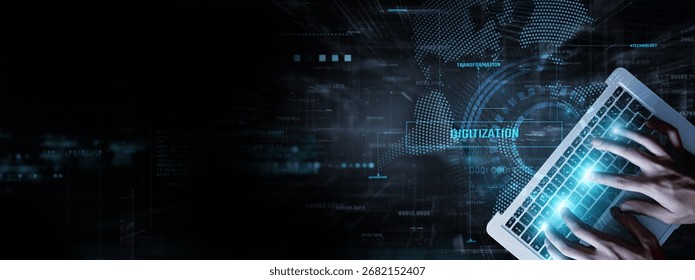 Digitization: Businessman data analysis for performance and efficiency, automation, scalability, integration, process optimization, and data-driven decisions.